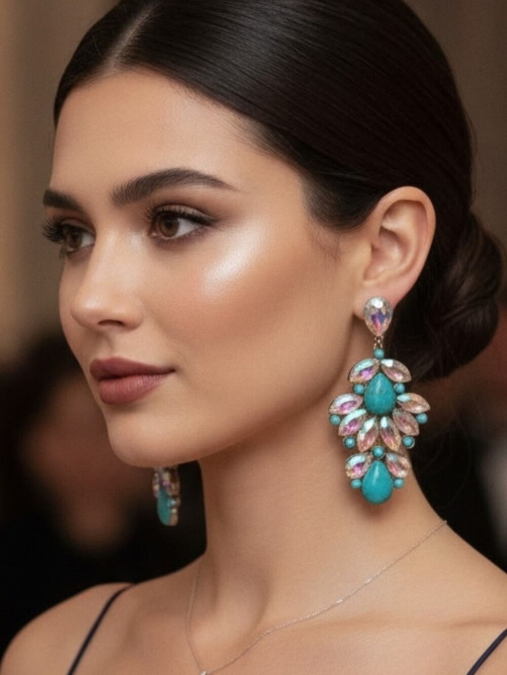 Story Turquoise & Aurora Statement Crystal Drop Earrings NWT